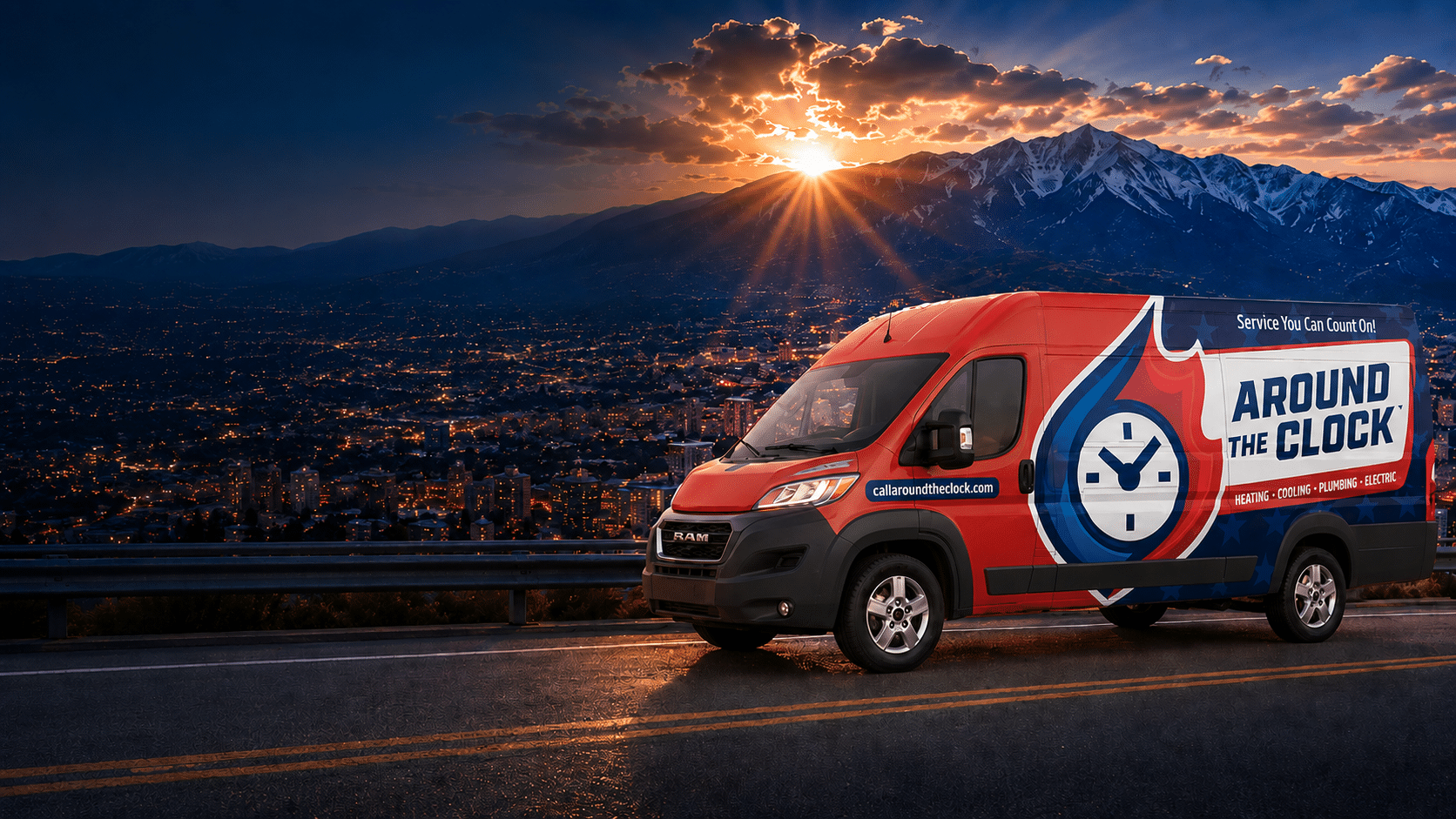 Around The Clock service van at sunrise overlooking Colorado Springs